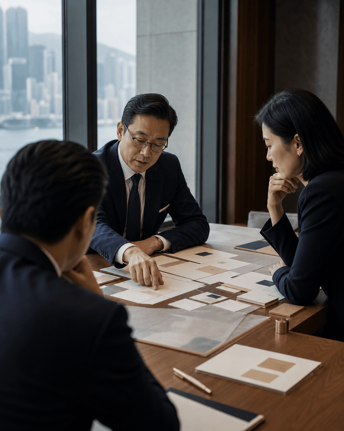Business advisers discussing a strategy map in a Hong Kong boardroom