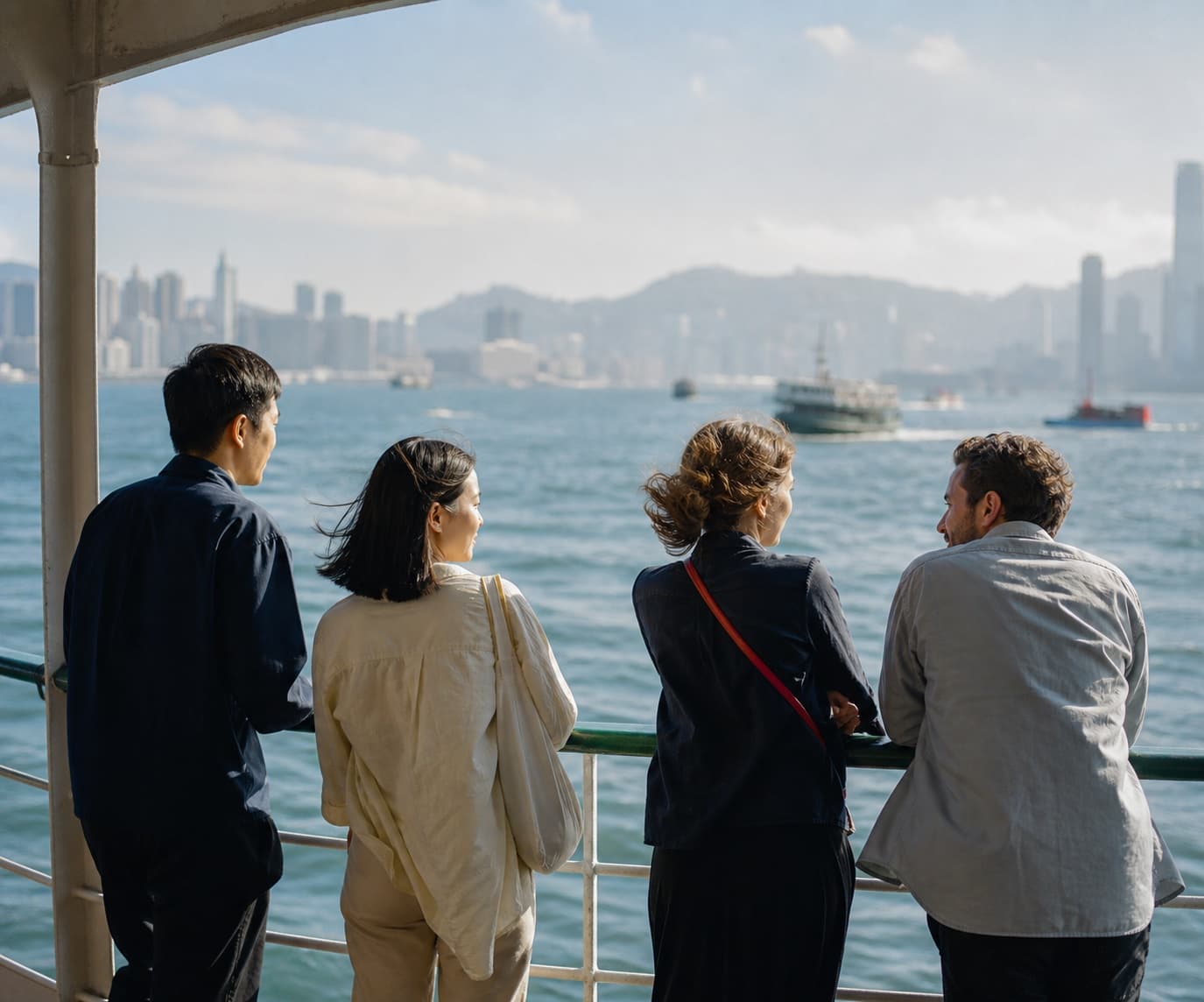 Advisers in conversation in a Hong Kong office overlooking the harbour